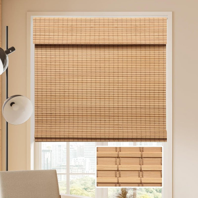 LUCKUP Cordless Bamboo Roman Blinds Shades for Indoor Windows-Blackout Room Darkening Roman Blinds with 6" Valance Cover Enhanced Privacy, 44" W x 64" H - Image 1